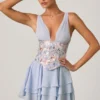 Sakura Embellished Ruffled Corset Mini Dress in Floral Blue