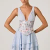 Sakura Embellished Ruffled Corset Mini Dress in Floral Blue
