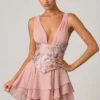 Sakura Embellished Ruffled Corset Mini Dress in Floral Pink