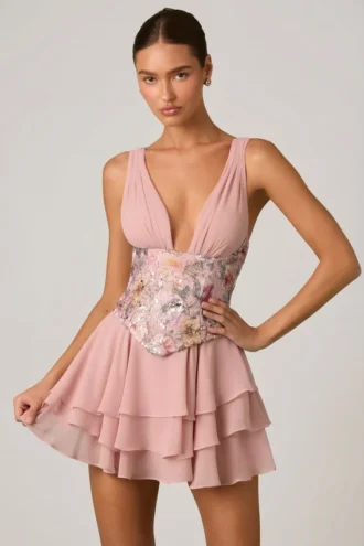 Sakura Embellished Ruffled Corset Mini Dress in Floral Pink