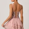 Sakura Embellished Ruffled Corset Mini Dress in Floral Pink