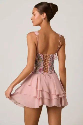 Sakura Embellished Ruffled Corset Mini Dress in Floral Pink