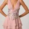Sakura Embellished Ruffled Corset Mini Dress in Floral Pink