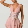 Sakura Embellished Ruffled Corset Mini Dress in Floral Pink