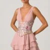 Sakura Embellished Ruffled Corset Mini Dress in Floral Pink