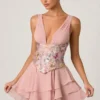 Sakura Embellished Ruffled Corset Mini Dress in Floral Pink