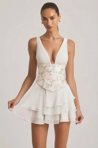 Sakura Embellished Ruffled Corset Mini Dress in Ivory