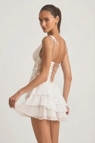 Sakura Embellished Ruffled Corset Mini Dress in Ivory
