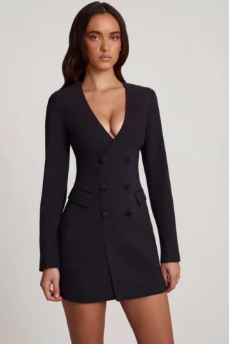 Samantae Structured Single-Breasted Blazer Mini Dress in Black