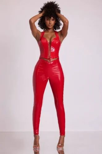 Samara Vinyl High V-Waist Leggings in Fire Red