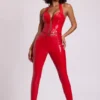 Samara Vinyl High V-Waist Leggings in Fire Red
