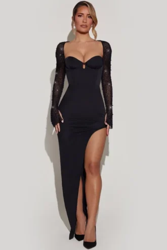 San Marino Embellished Side Split Maxi Dress in Black