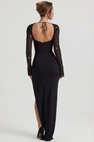 San Marino Embellished Side Split Maxi Dress in Black