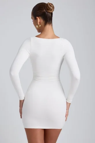 Sana Modal Ruched Long-Sleeve Mini Dress in White