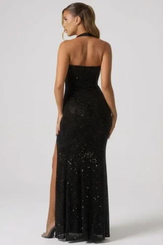Sansel Embellished Halterneck Gown in Black