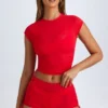 Santana Sheer Ruched Cropped T-Shirt in Fiery Red