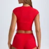 Santana Sheer Ruched Cropped T-Shirt in Fiery Red