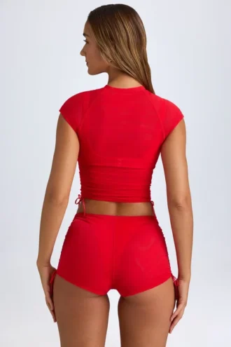 Santana Sheer Ruched Cropped T-Shirt in Fiery Red