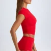 Santana Sheer Ruched Cropped T-Shirt in Fiery Red