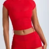 Santana Sheer Ruched Cropped T-Shirt in Fiery Red