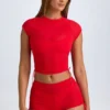 Santana Sheer Ruched Cropped T-Shirt in Fiery Red