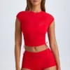Santana Sheer Ruched Cropped T-Shirt in Fiery Red