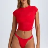 Santana Sheer Ruched Cropped T-Shirt in Fiery Red
