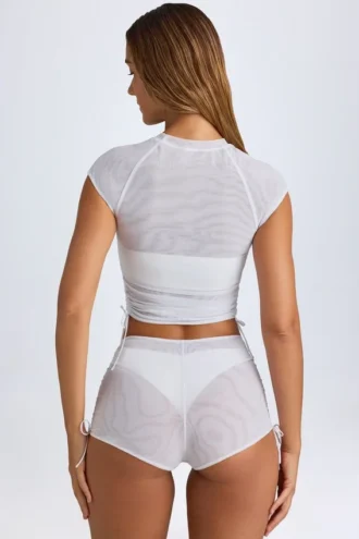 Santana Sheer Ruched Cropped T-Shirt in White
