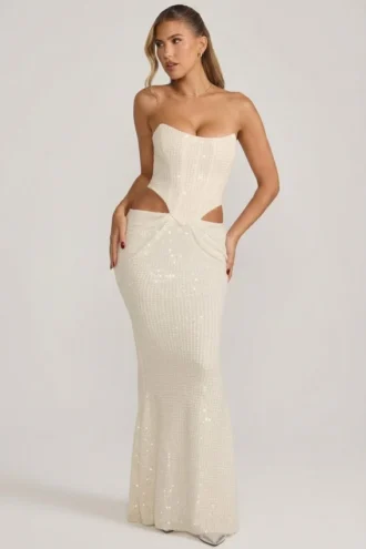 Saphira Embellished Cut-Out Draped Corset Gown in White