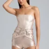 Sasha Metallic Denim Belted Corset Playsuit in Champagne