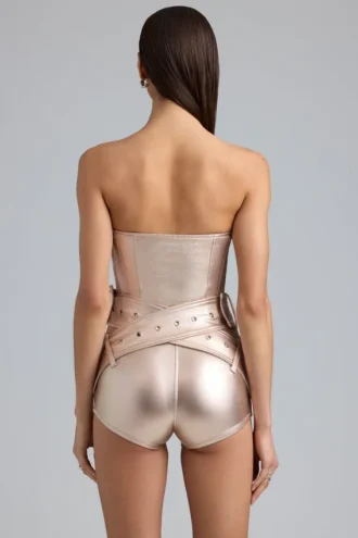 Sasha Metallic Denim Belted Corset Playsuit in Champagne
