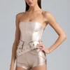Sasha Metallic Denim Belted Corset Playsuit in Champagne