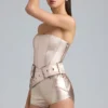 Sasha Metallic Denim Belted Corset Playsuit in Champagne