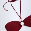 Savai Hardware-Detail Ruched Halterneck Bikini Top in Dark Cherry