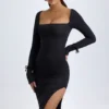Sawyer Modal Square-Neck Long-Sleeve Midi Dress in Black