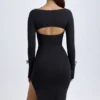 Sawyer Modal Square-Neck Long-Sleeve Midi Dress in Black