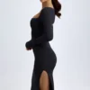 Sawyer Modal Square-Neck Long-Sleeve Midi Dress in Black
