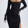 Sawyer Modal Square-Neck Long-Sleeve Midi Dress in Black