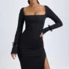 Sawyer Modal Square-Neck Long-Sleeve Midi Dress in Black
