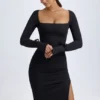 Sawyer Modal Square-Neck Long-Sleeve Midi Dress in Black