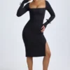 Sawyer Modal Square-Neck Long-Sleeve Midi Dress in Black