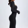 Sawyer Modal Square-Neck Long-Sleeve Midi Dress in Black