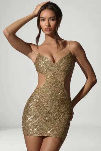Sayzel Embellished Cut-Out Mini Dress in Gold
