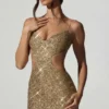 Sayzel Embellished Cut-Out Mini Dress in Gold