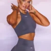 Seamless High Neckline Crop Top in Grey
