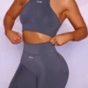 Seamless High Neckline Crop Top in Grey