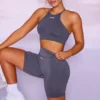 Seamless High Neckline Crop Top in Grey