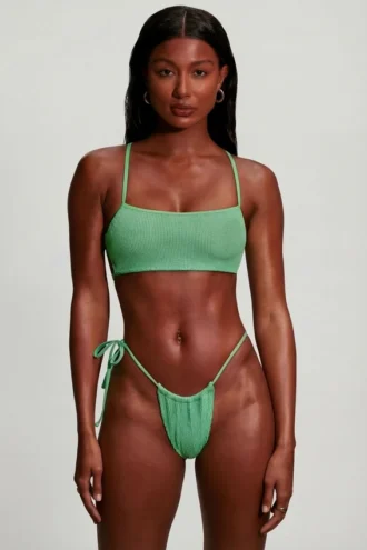 Seersucker Strappy Scoop Bikini Top in Seafoam Green