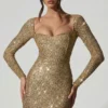 Sephina Embellished Sweetheart-Neck Mini Dress in Gold