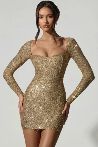 Sephina Embellished Sweetheart-Neck Mini Dress in Gold